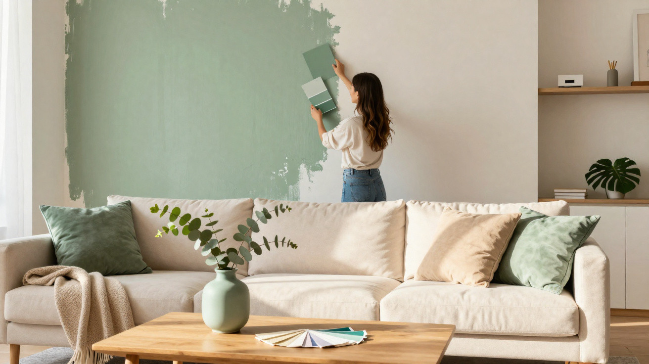 Mulher a escolher cor para pintar parede de sala com sofá bege e almofadas verdes.