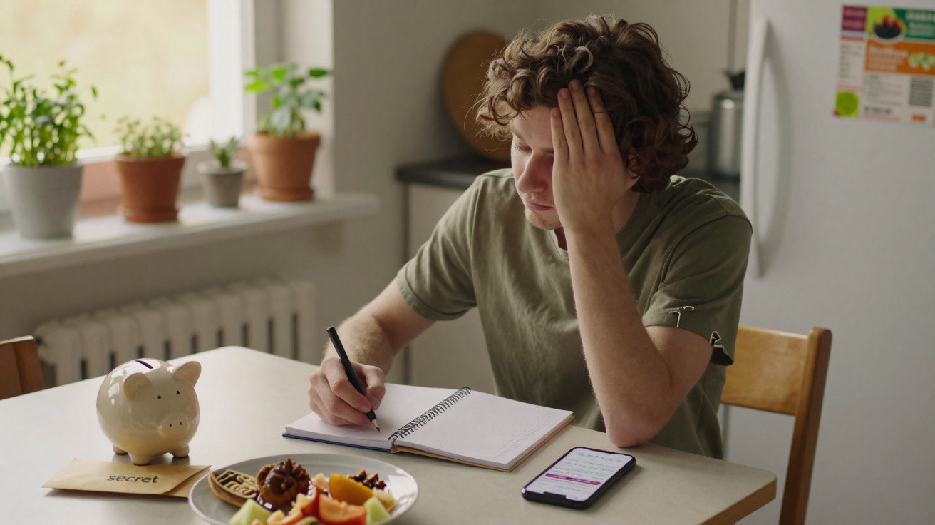Homem preocupado na cozinha com caderno, telemóvel, mealheiro e prato de comida à sua frente.
