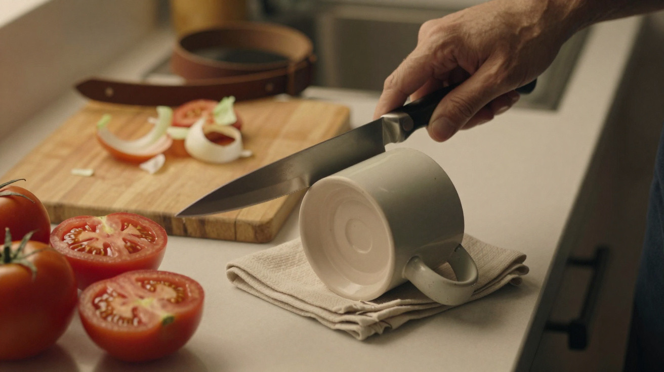 Pessoa a afiar uma faca numa chávena invertida numa cozinha com tomates e fatias de tomate ao fundo.