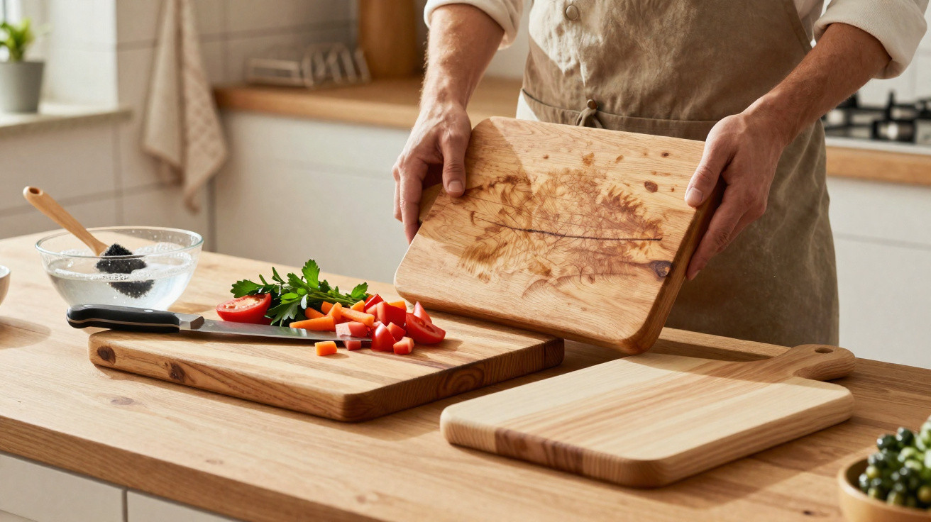 Pessoa a transferir legumes picados de uma tábua de cortar para outra na cozinha.