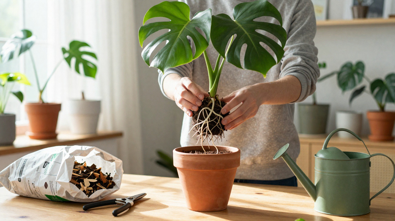 Pessoa a transplantar planta Monstera para vaso de barro, com regador verde e terra sobre a mesa de madeira.
