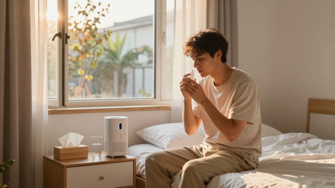 Homem sentado no quarto a usar um spray nasal, ao lado de humidificador e lenços numa mesa pequena.