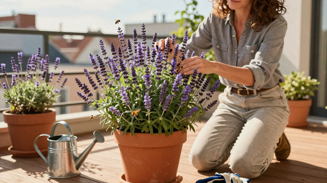 Mulher a podar plantas de lavanda em vasos no terraço com regador e luvas ao lado.