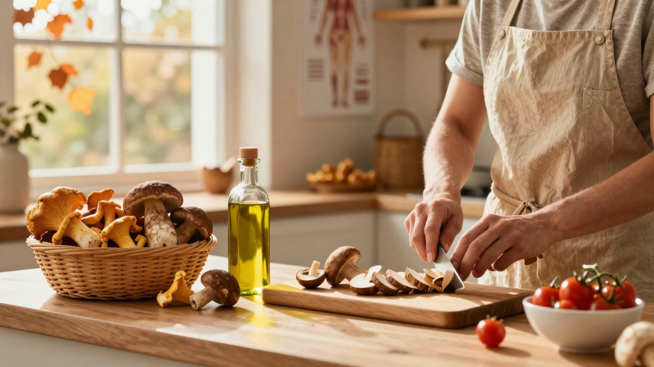 Pessoa a cortar cogumelos numa tábua de madeira numa cozinha com ingredientes frescos à volta.