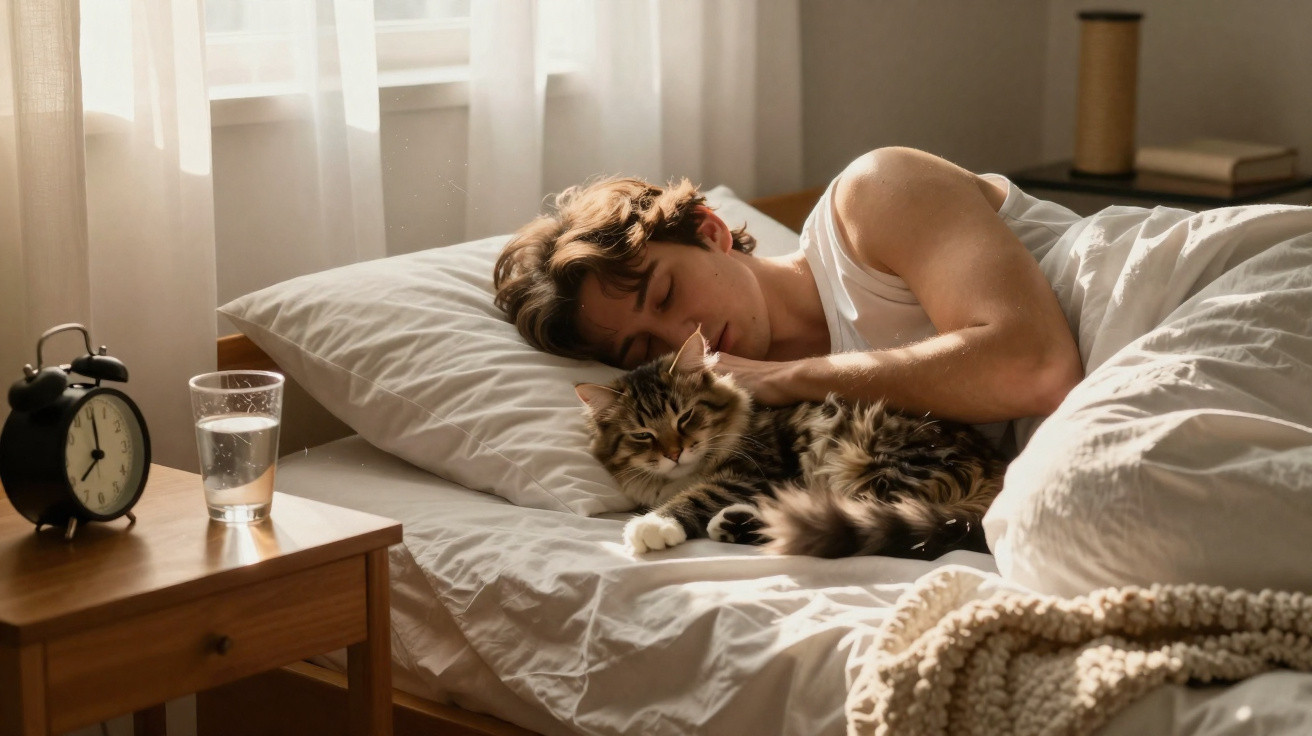 Pessoa deitada numa cama abraçada a um gato, com luz suave a entrar pela janela e despertador na mesa ao lado.