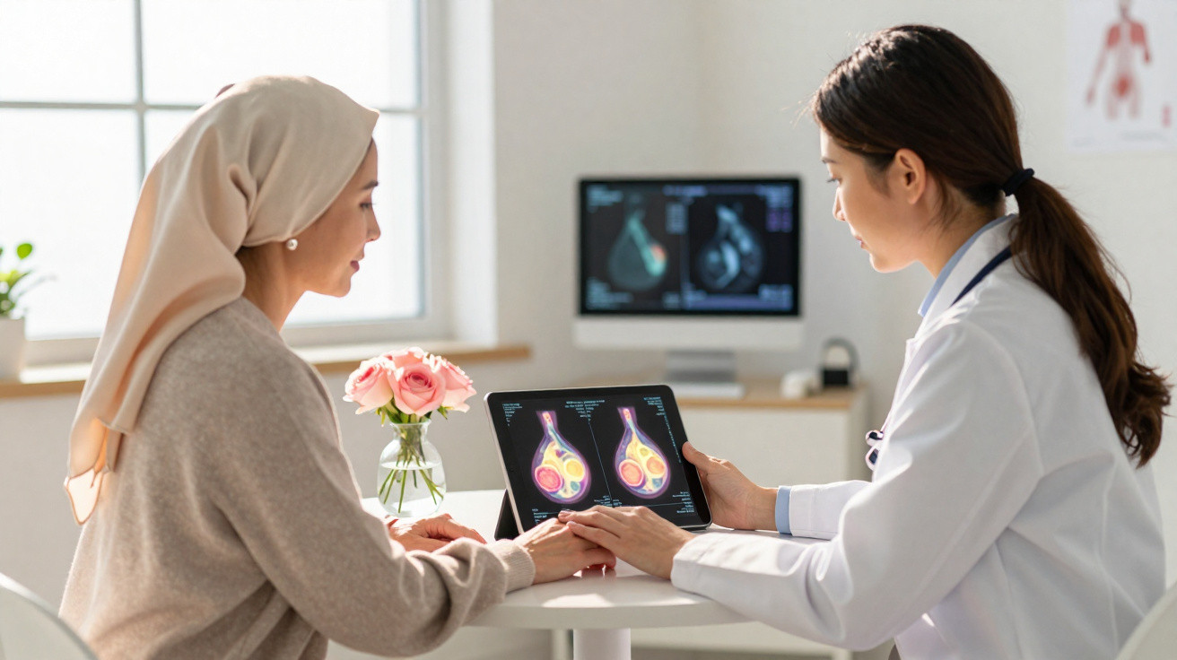 Três profissionais de saúde discutem imagens médicas coloridas num tablet numa consulta médica.
