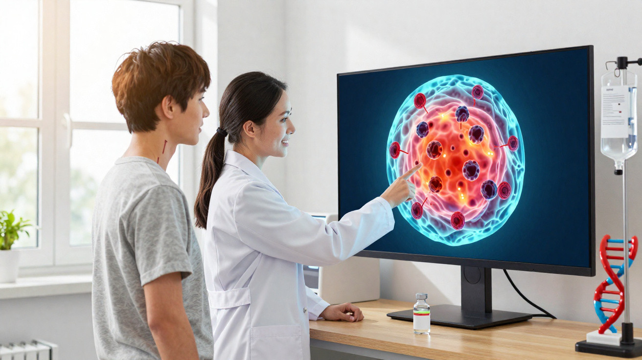 Cientista a explicar a uma mulher uma imagem digital de vírus num ecrã de computador num laboratório.