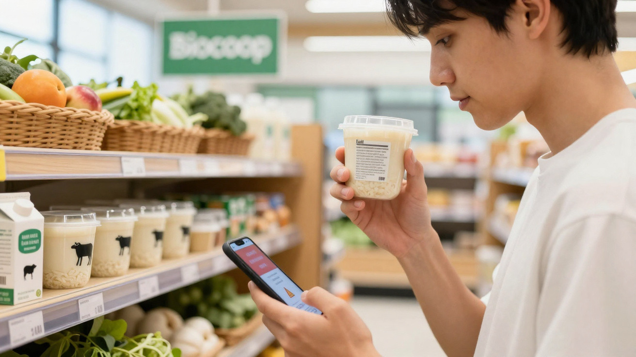 Jovem a verificar informações no telemóvel enquanto segura um produto alimentar num supermercado.
