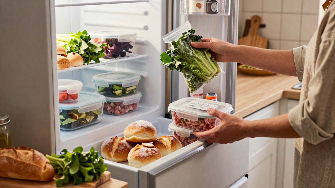 Pessoa a guardar legumes e carne num frigorífico aberto com pães e salada visíveis.
