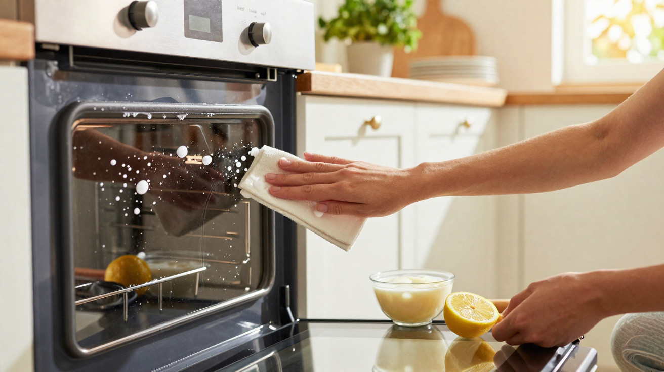 Mãos a limpar o vidro da porta do forno com um pano, limão, escova e tigela de limpeza ao lado.