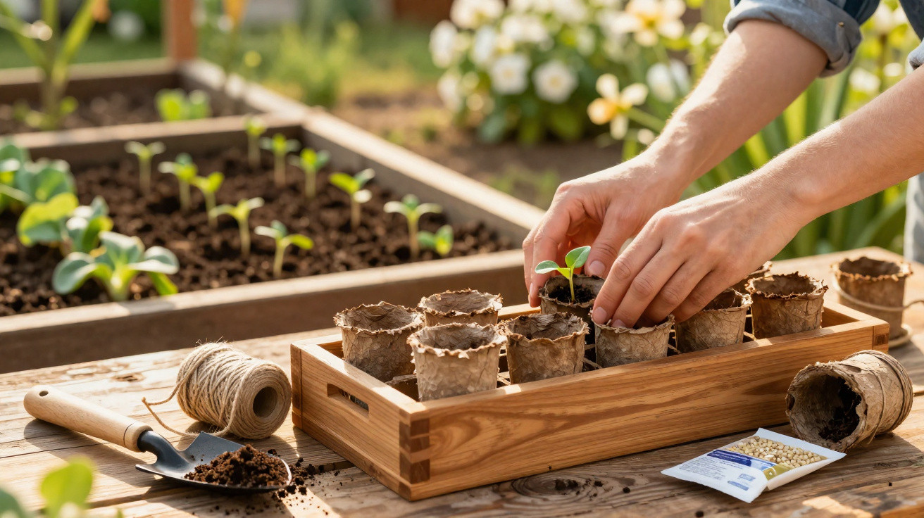 Mãos a transplantar pequenas plantas em vasos de papel biodegradável numa mesa de madeira, com terra e ferramentas à volta.