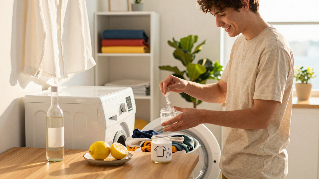 Pessoa a colocar detergente na roupa dentro da máquina de lavar numa divisão luminosa com plantas.