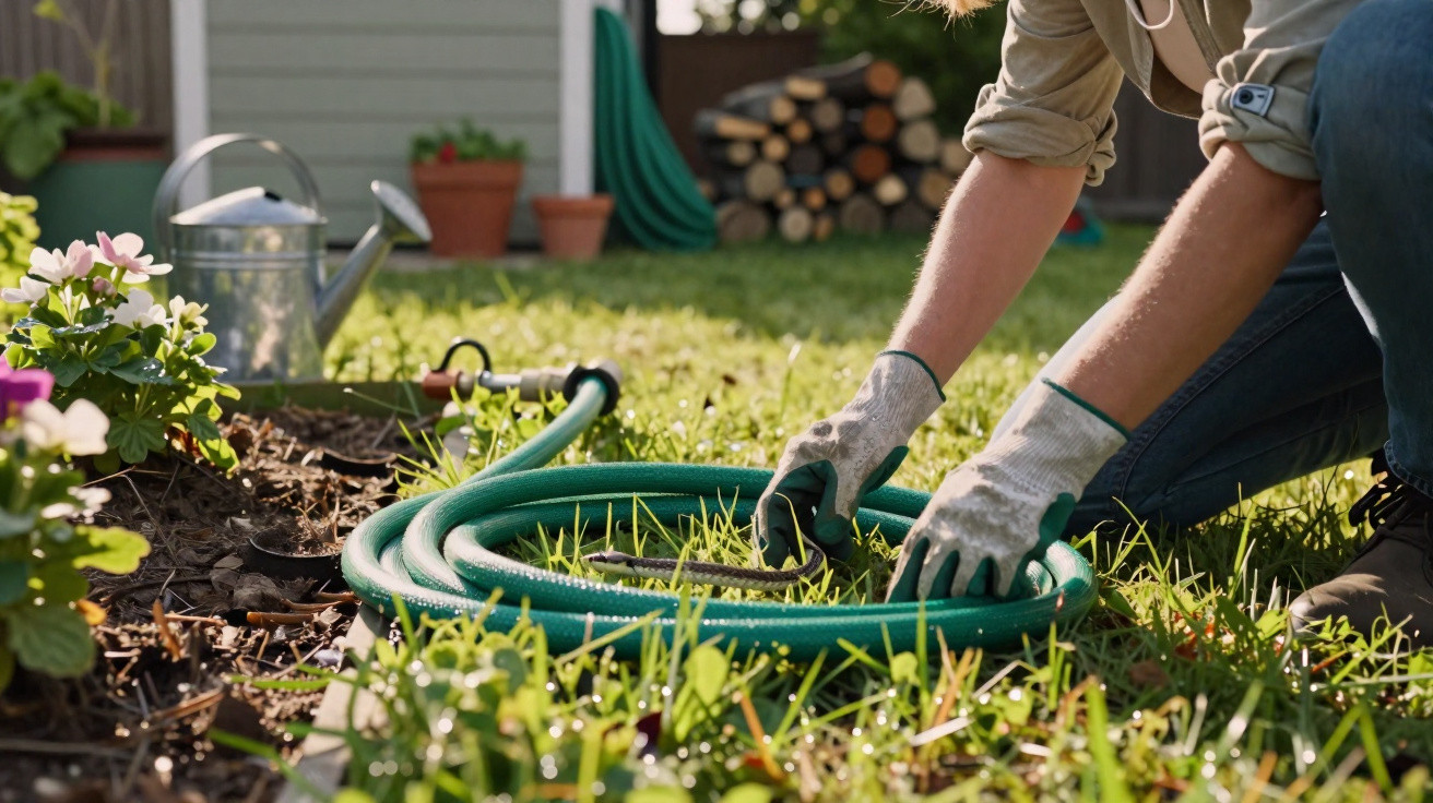 Pessoa com luvas a remover uma cobra enrolada numa mangueira num jardim com flores e regador ao fundo.