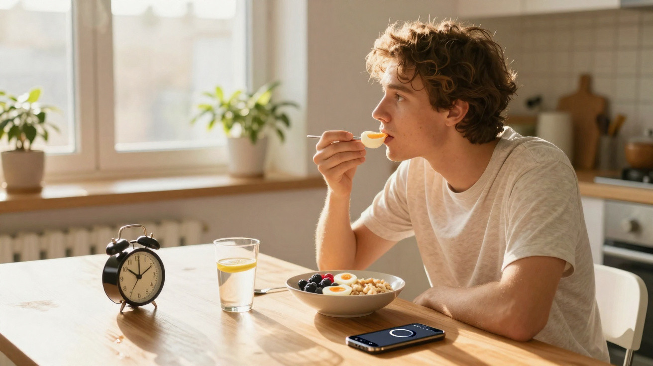 Jovem a comer pequeno-almoço com ovos e frutos vermelhos numa cozinha luminosa, com relógio e telemóvel na mesa.