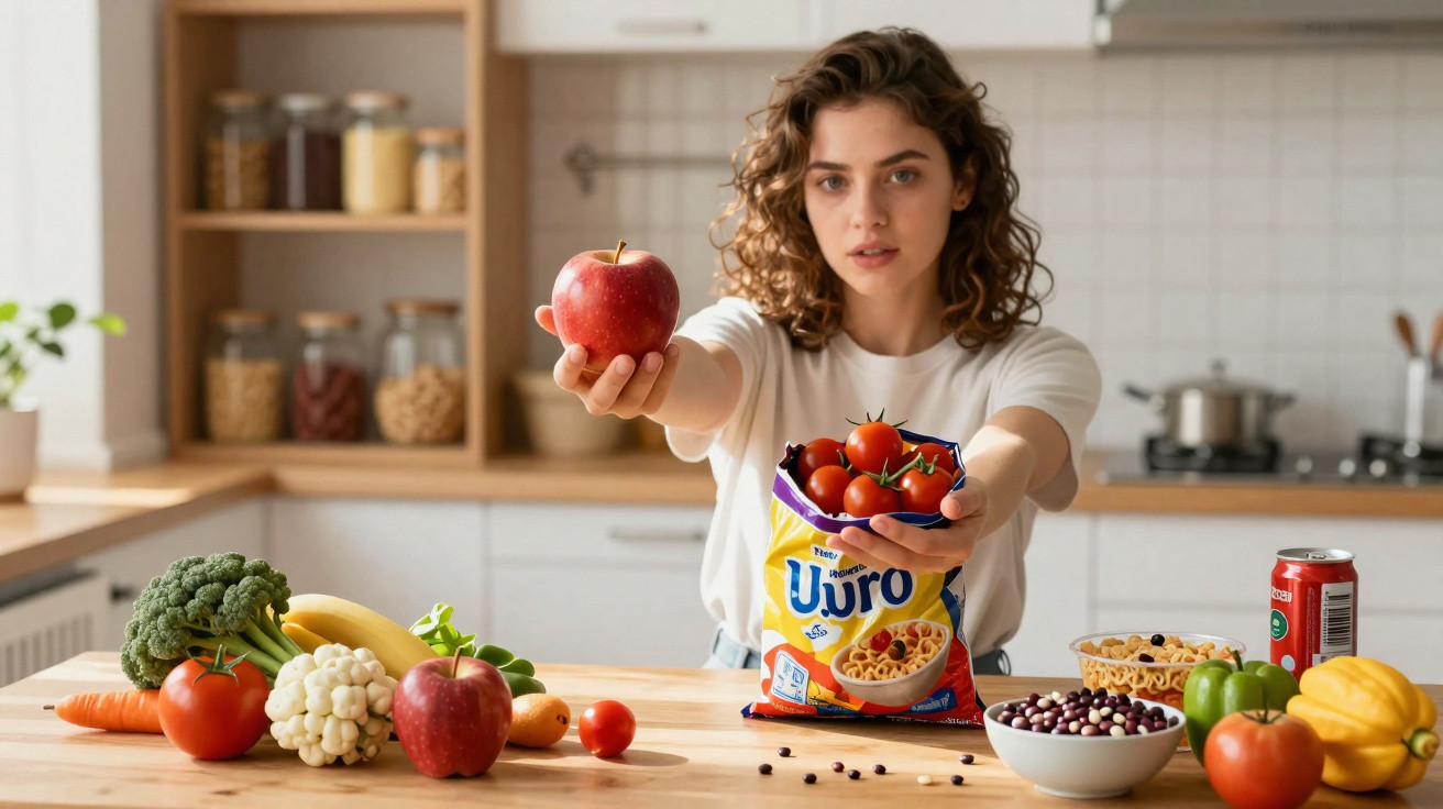 Mulher na cozinha a oferecer uma maçã e tomates cereja com vários alimentos saudáveis sobre a mesa.