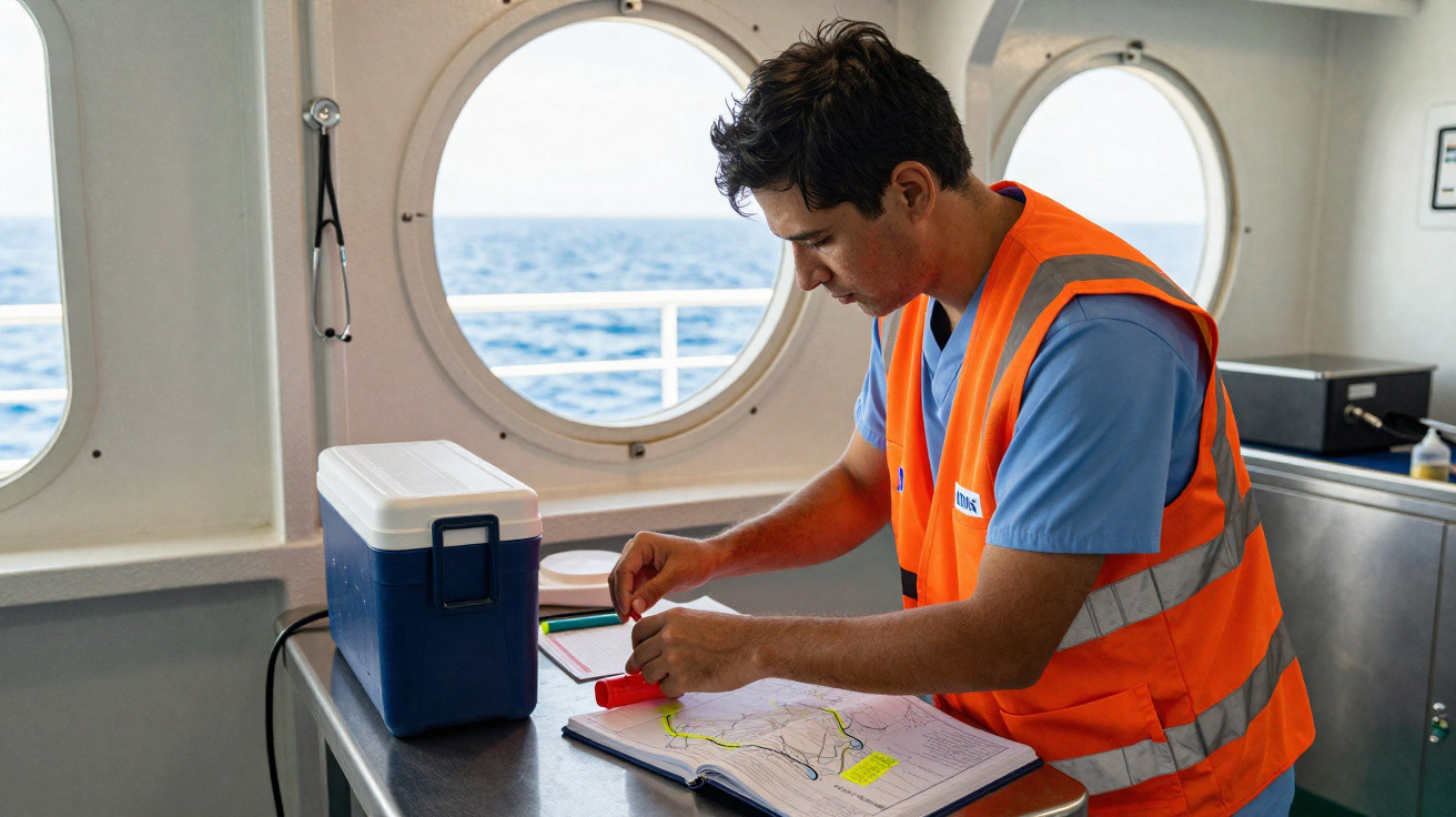 Homem com colete laranja a manusear frasco de amostra num ambiente de laboratório a bordo de navio.