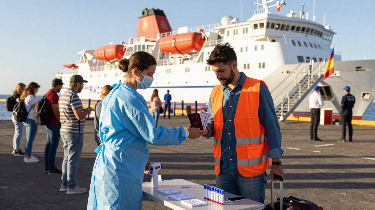 Passageiros em fila num porto a mostrar documentos a profissional de saúde com equipamento de proteção junto a um navio.