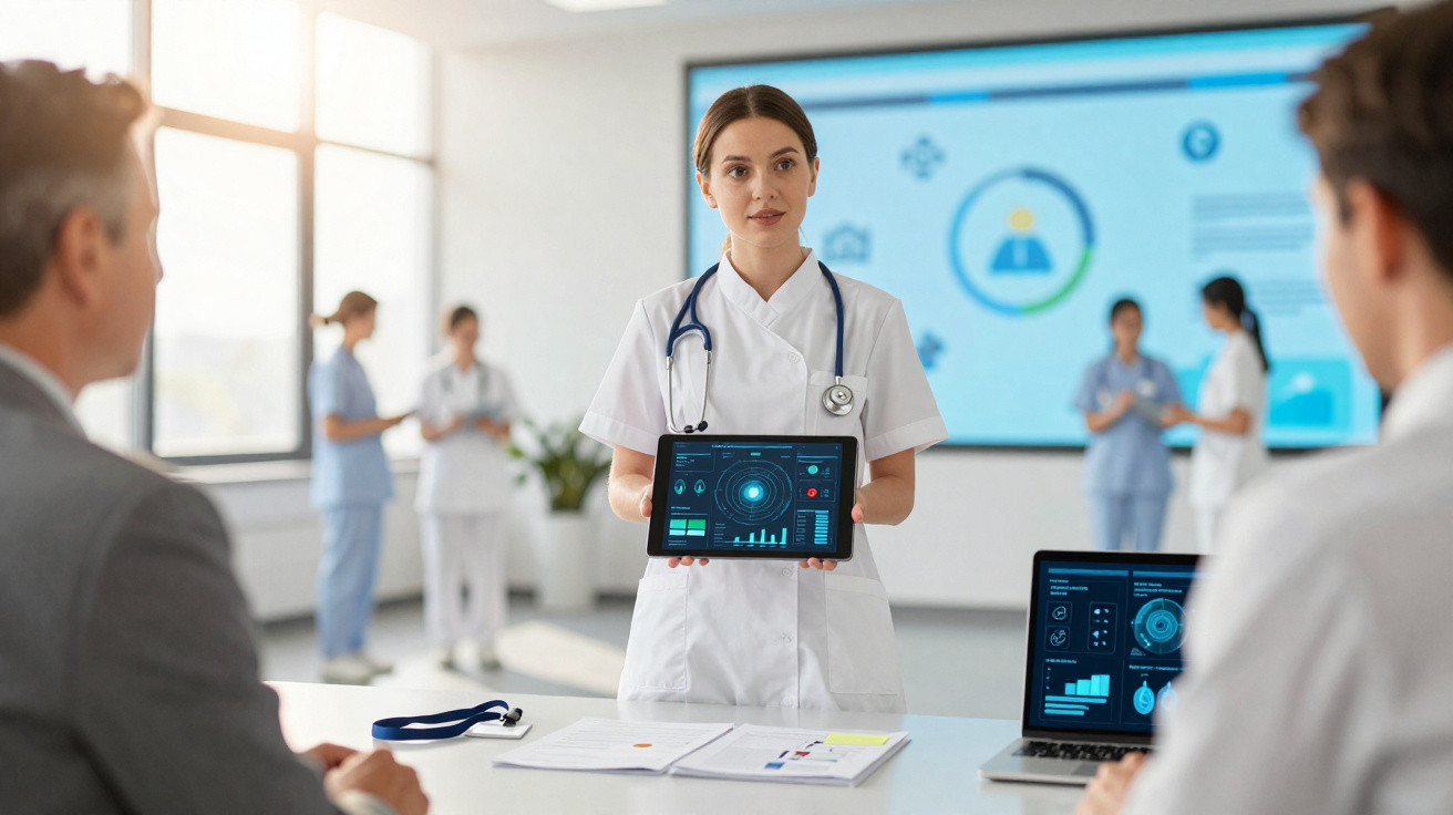 Enfermeira apresenta dados digitais de saúde num tablet a uma equipa médica numa sala de reuniões moderna.