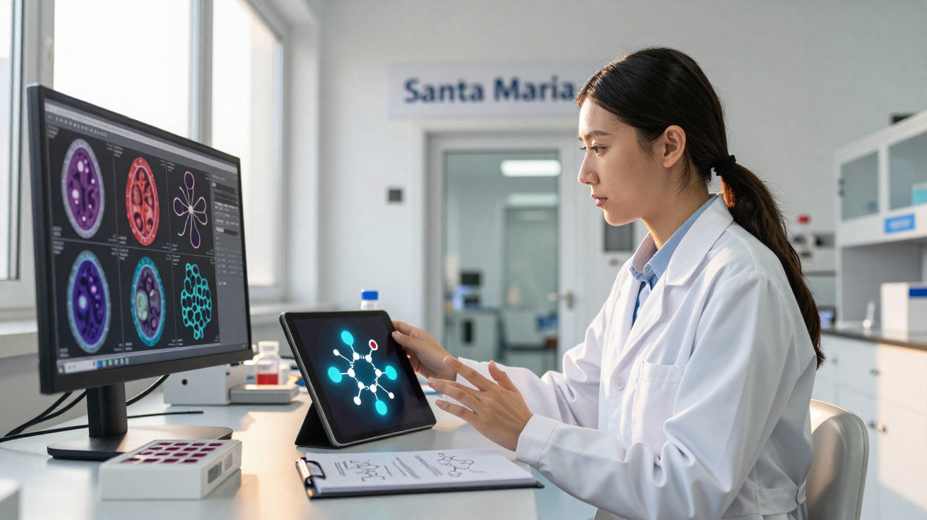 Cientista de bata branca a analisar estrutura molecular num tablet num laboratório moderno.
