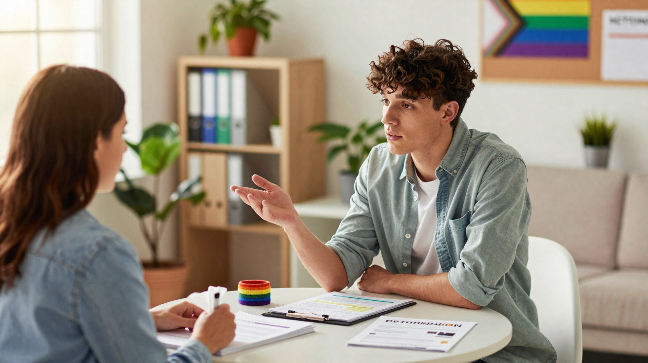 Duas pessoas conversam junto a uma mesa com documentos e uma pulseira com as cores do arco-íris.