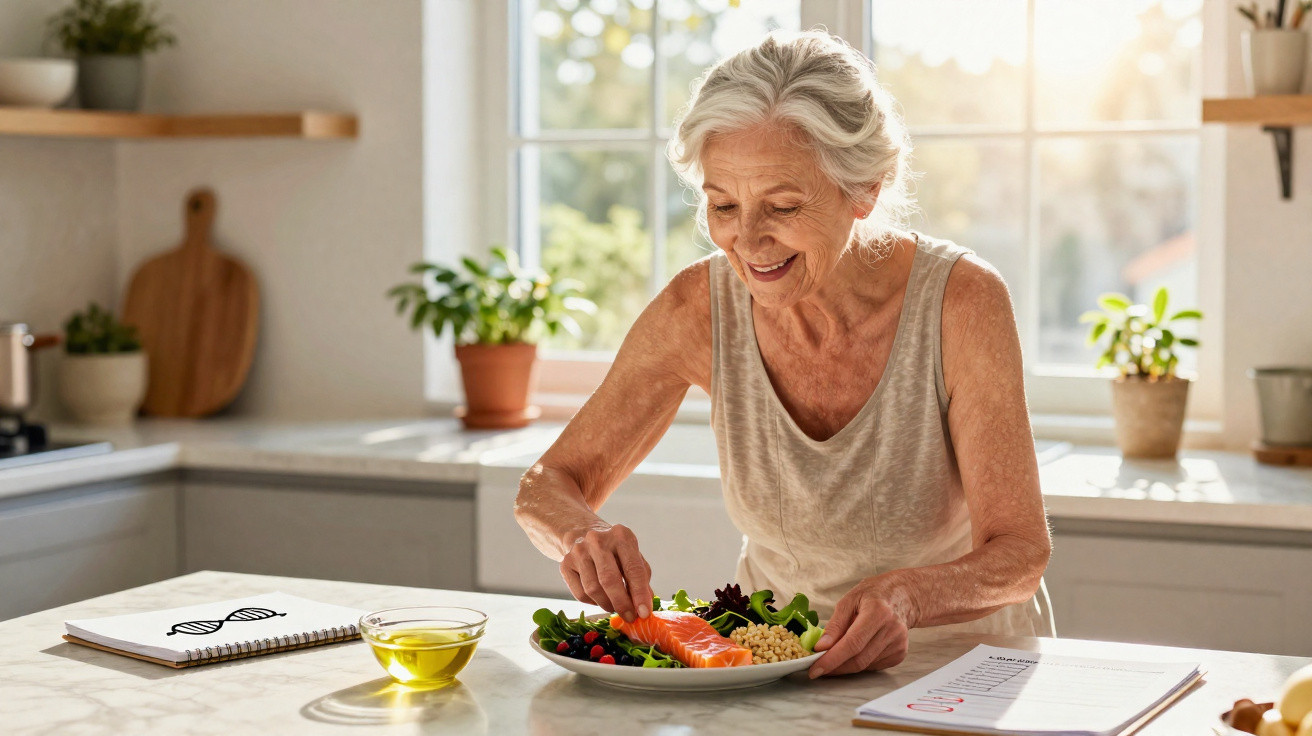 Mulher idosa a preparar prato saudável com salmão, frutos vermelhos e legumes numa cozinha luminosa.