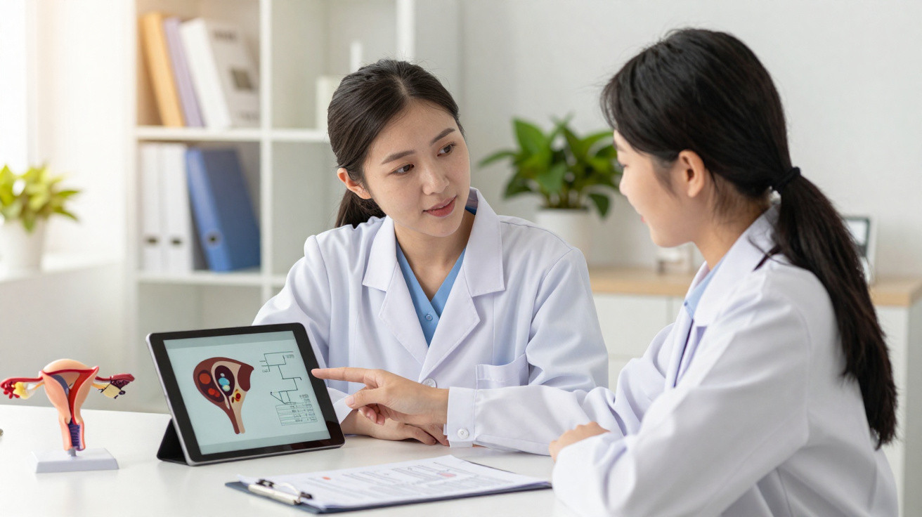 Médica explica a uma paciente imagens e informações sobre saúde reprodutiva em tablet, numa consulta.