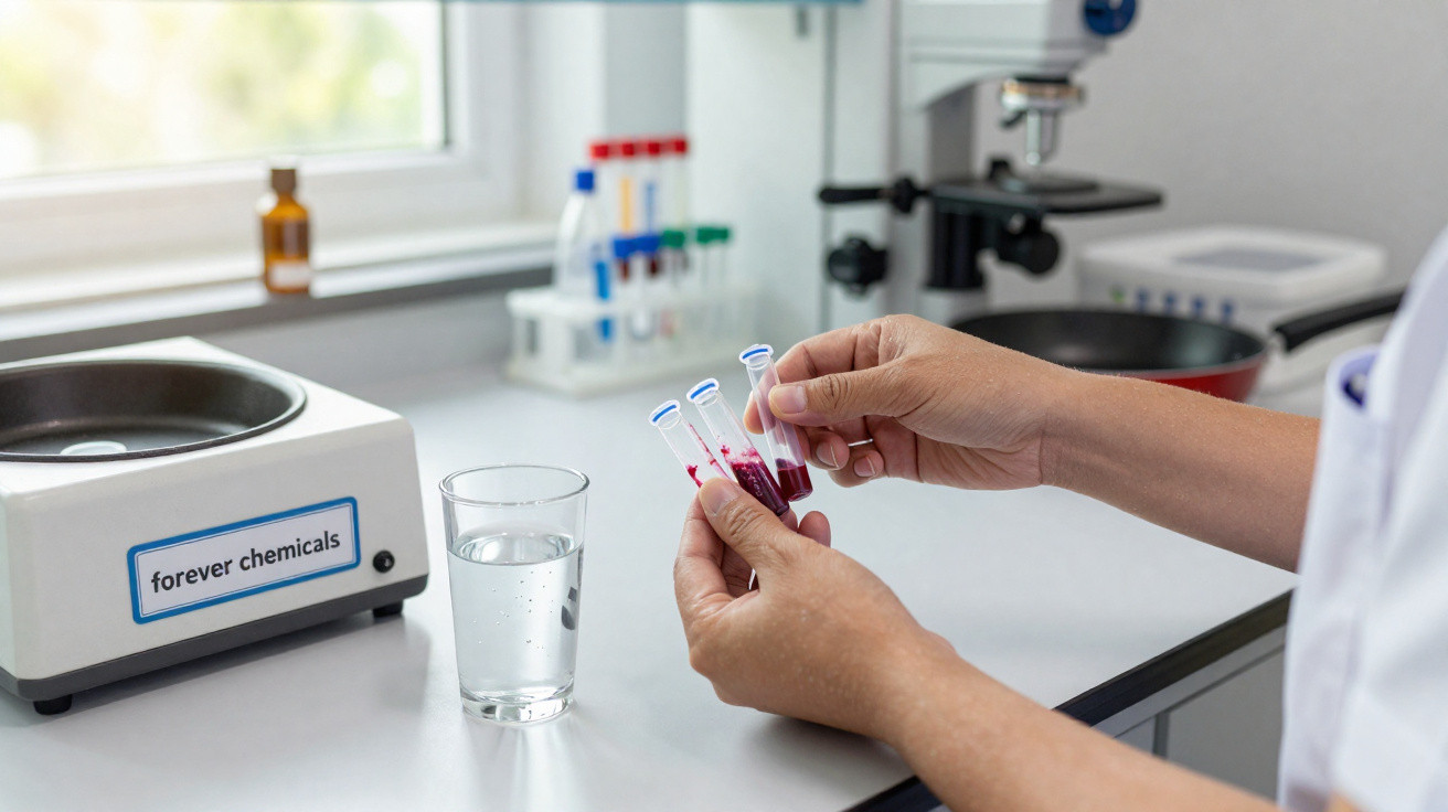 Pessoa a manusear tiras de teste químico num laboratório com equipamentos e um copo de água.