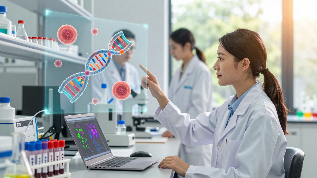 Cientista a analisar modelo digital de vírus e ADN num laboratório com colegas ao fundo.