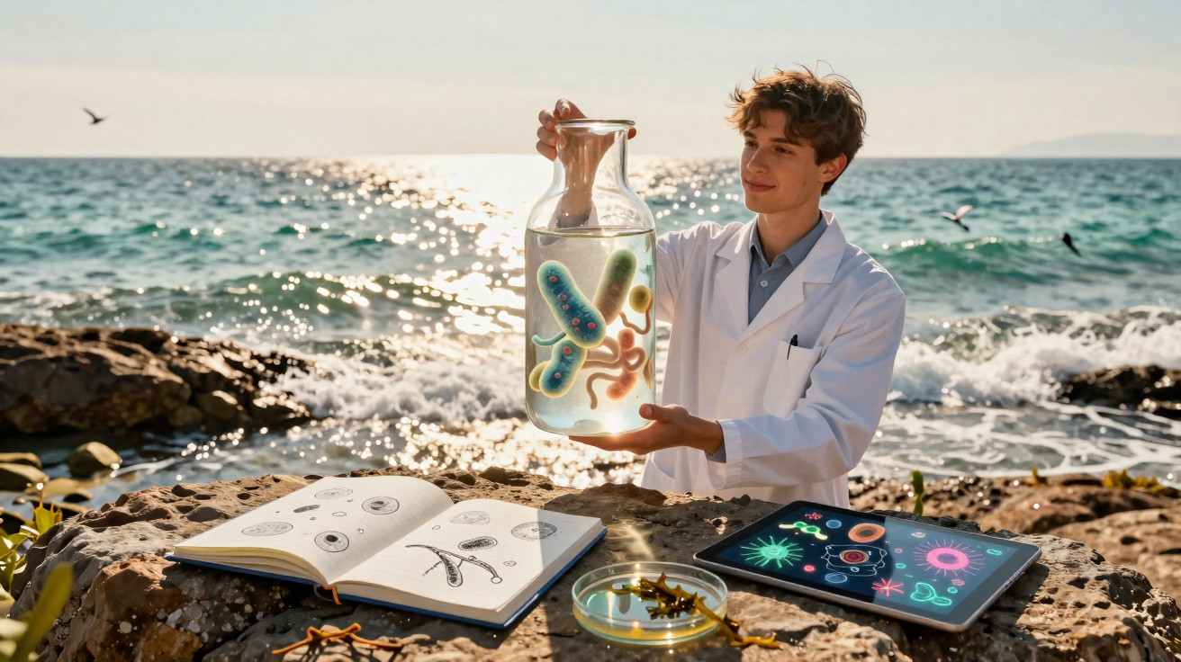 Cientista segura frasco com bactérias na praia, rodeado por caderno, petri e tablet com imagens microscópicas.