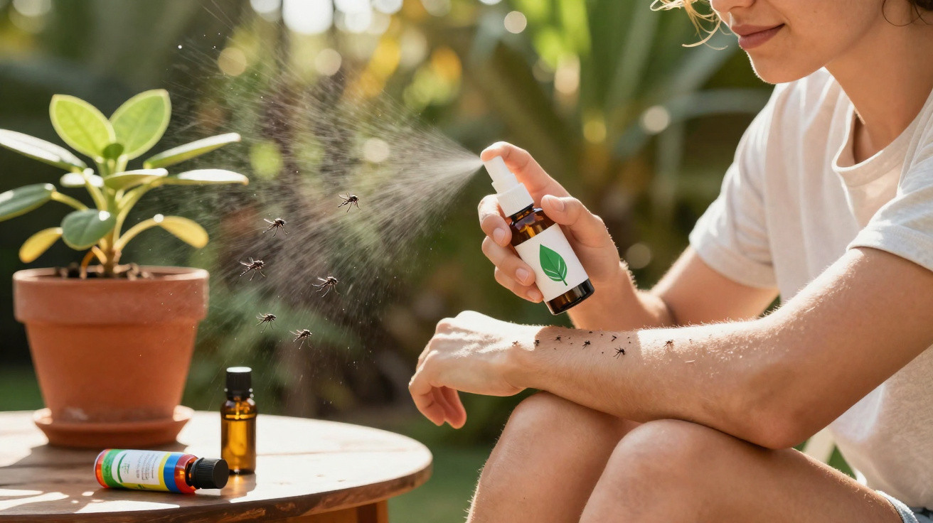 Pessoa a aplicar repelente contra mosquitos ao ar livre junto a planta e produtos sobre mesa de madeira.