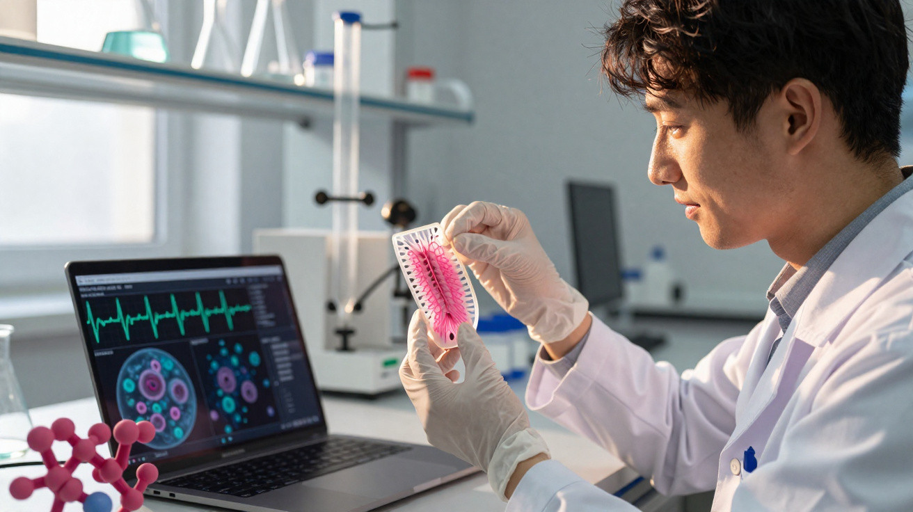 Cientista em laboratório observa modelo celular enquanto analisa dados num computador portátil.