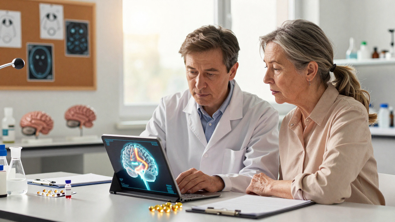 Médico explica estudo cerebral a mulher idosa num consultório bem iluminado.