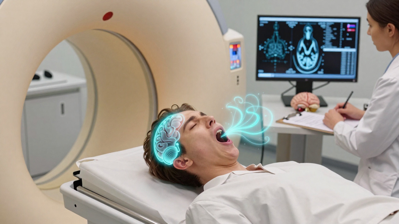 Paciente deitado em máquina de ressonância magnética com médicos a analisar imagens cerebrais no ecrã.