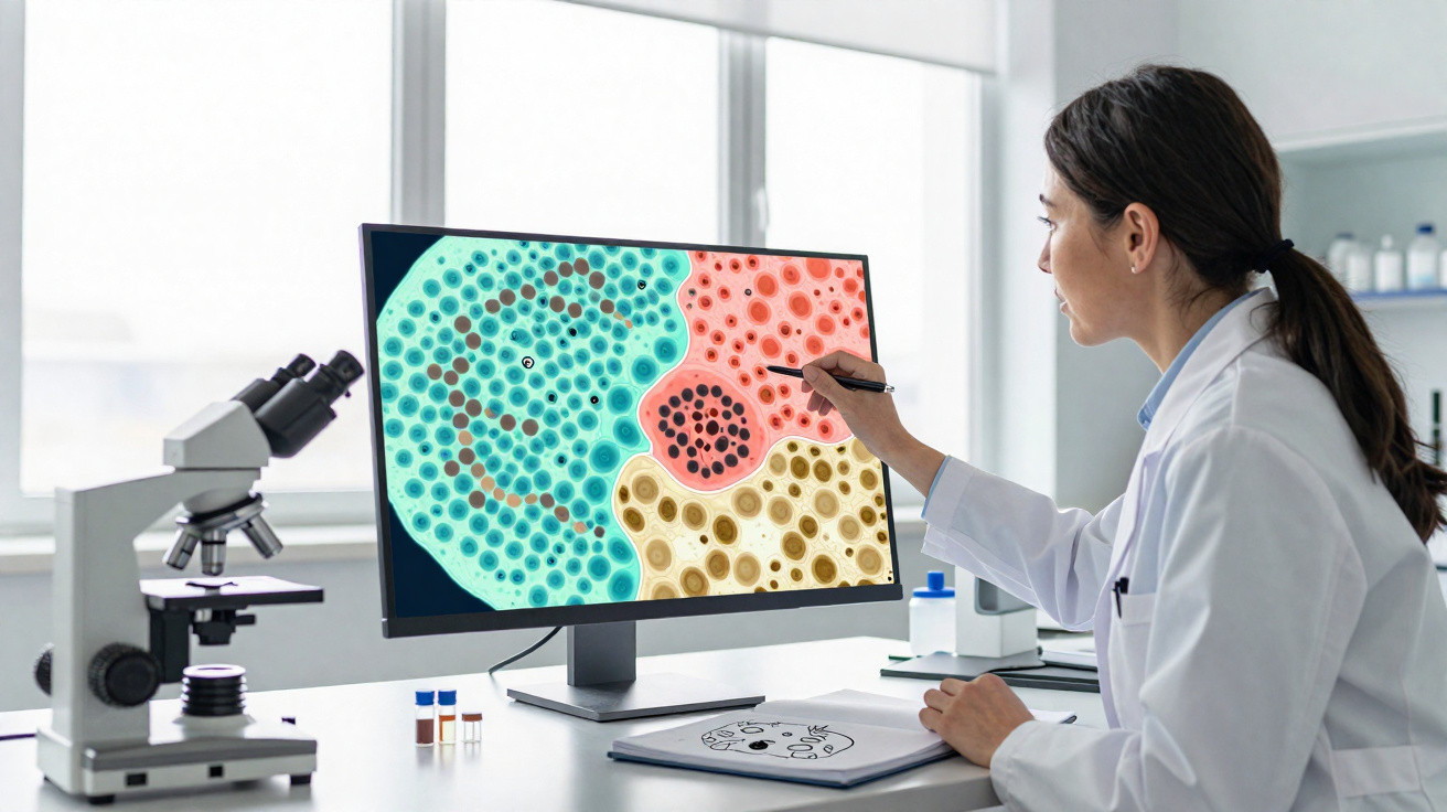 Cientista em laboratório analisa imagens digitais de células no ecrã de um computador com microscópios ao lado.