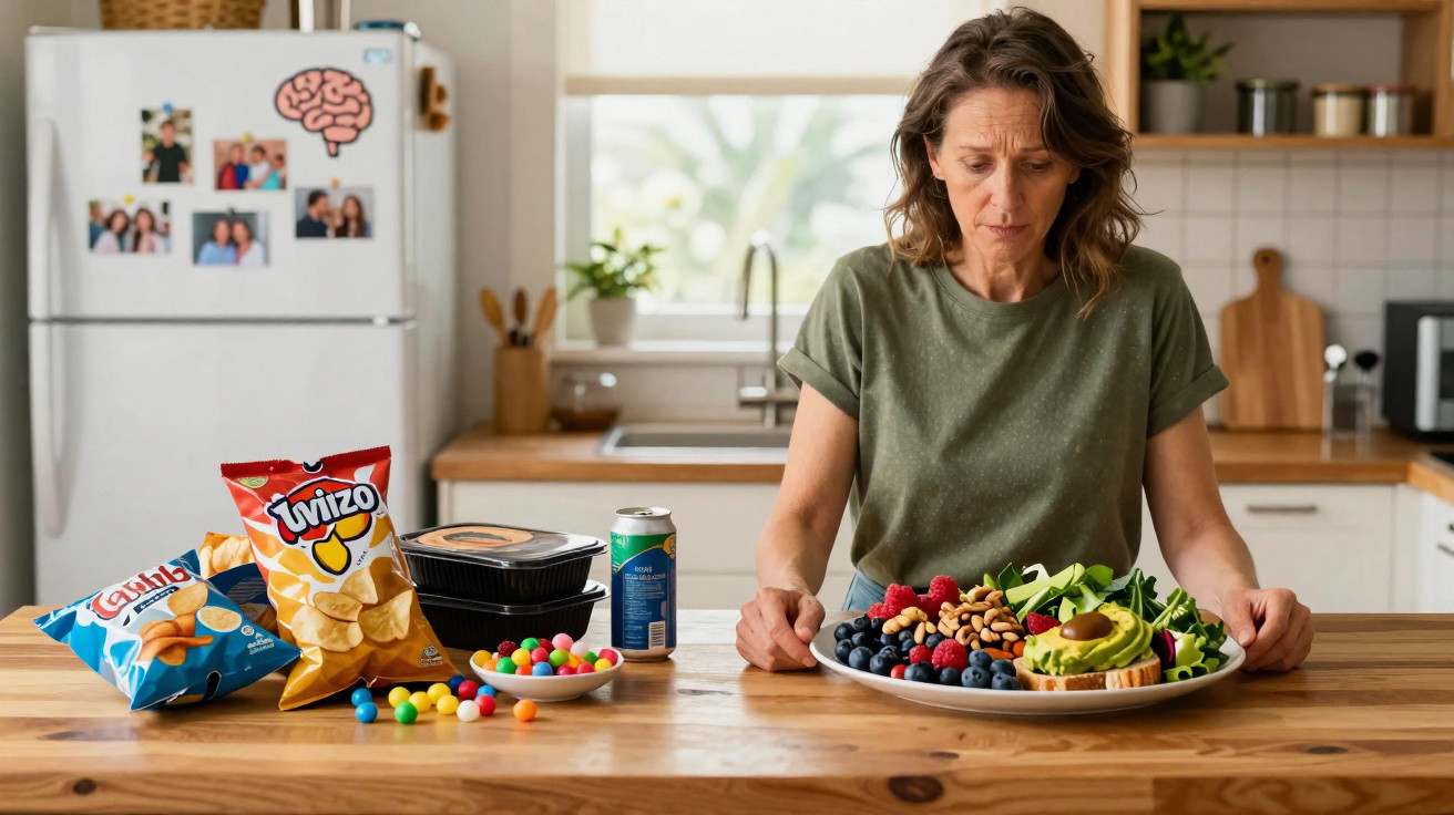 Mulher indecisa entre snacks pouco saudáveis e uma refeição saudável numa cozinha moderna.