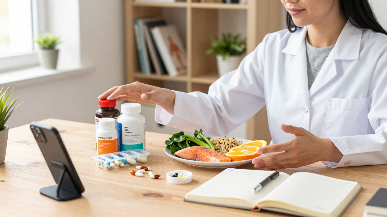Nutricionista com bata branca mostra prato com salmão, laranja e quinoa, rodeada de frascos de suplementos e telemóvel.