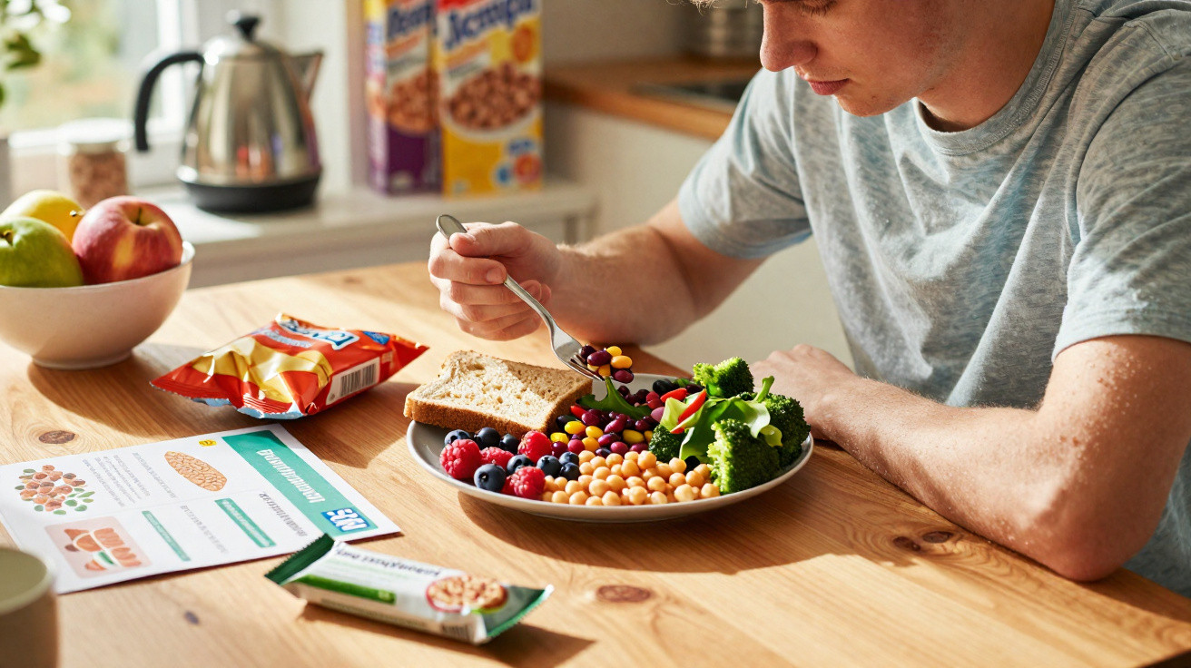 Pessoa sentada numa cozinha a comer salada de legumes com frutas, acompanhado de snacks e cereais.