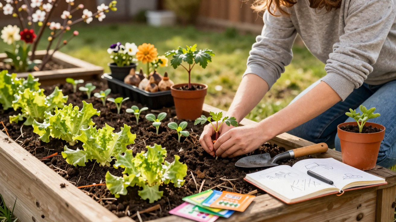 Pessoa a plantar uma muda num canteiro com hortaliças, flores e ferramentas de jardinagem ao lado.