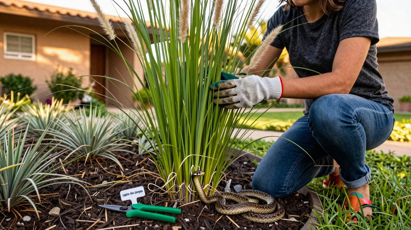 Mulher agachada a podar plantas com luvas, com cobra enrolada perto das folhas verdes.