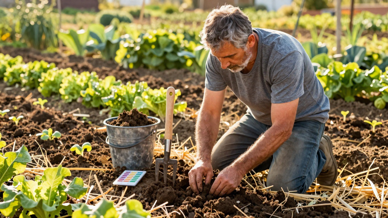 Homem a plantar sementes numa horta, rodeado de alfaces e ferramentas de jardinagem.