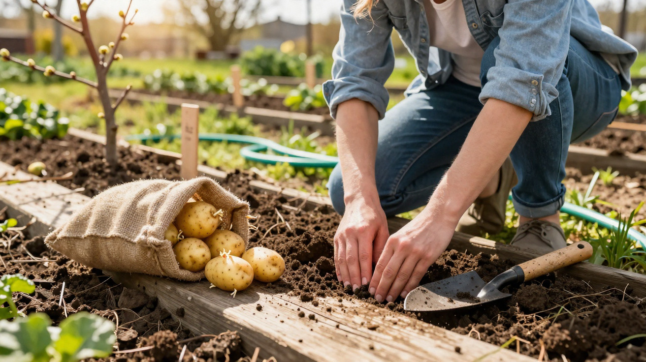 Pessoa a cultivar batatas numa horta urbana com sacos de juta e enxada ao lado.