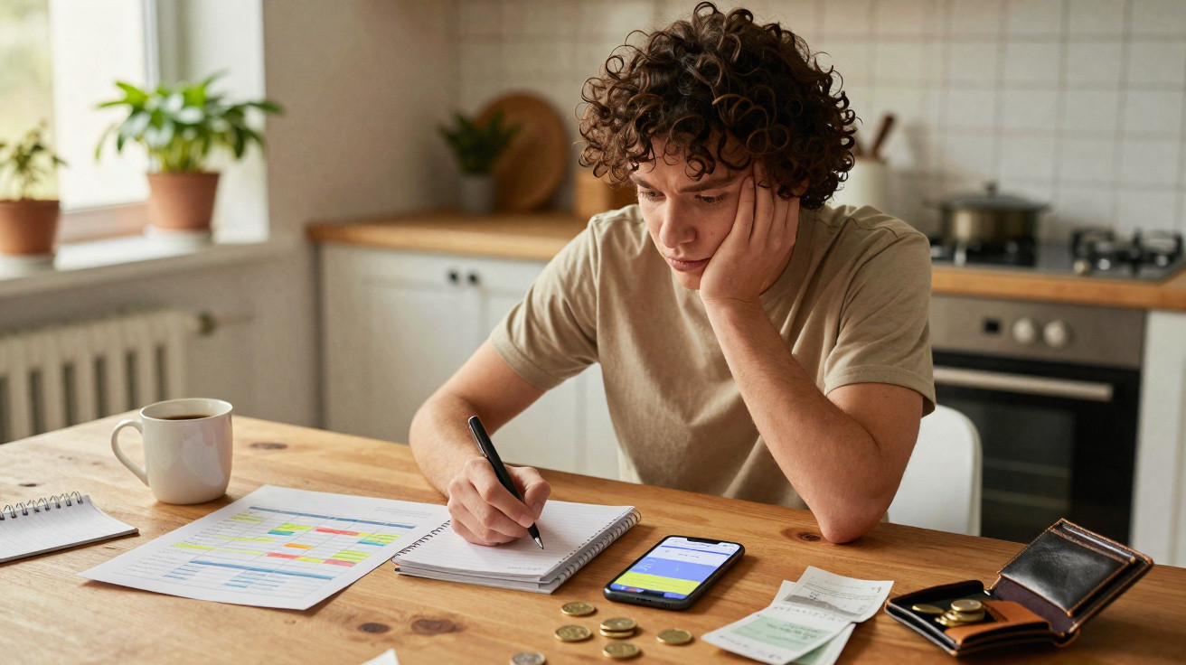 Jovem sentado a uma mesa em casa, a fazer contas e a olhar preocupado para um caderno.