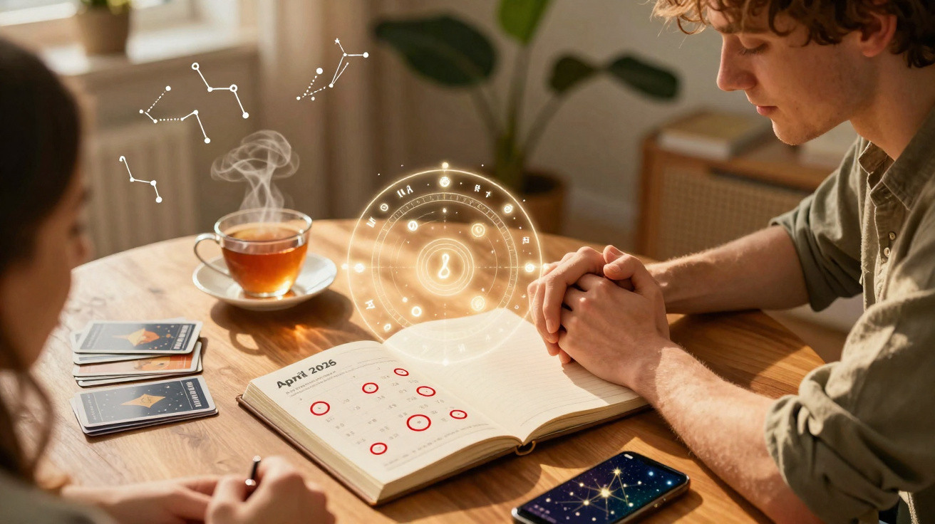 Duas pessoas sentadas à mesa com cartas de tarot, chá quente e símbolos astrológicos a flutuar.