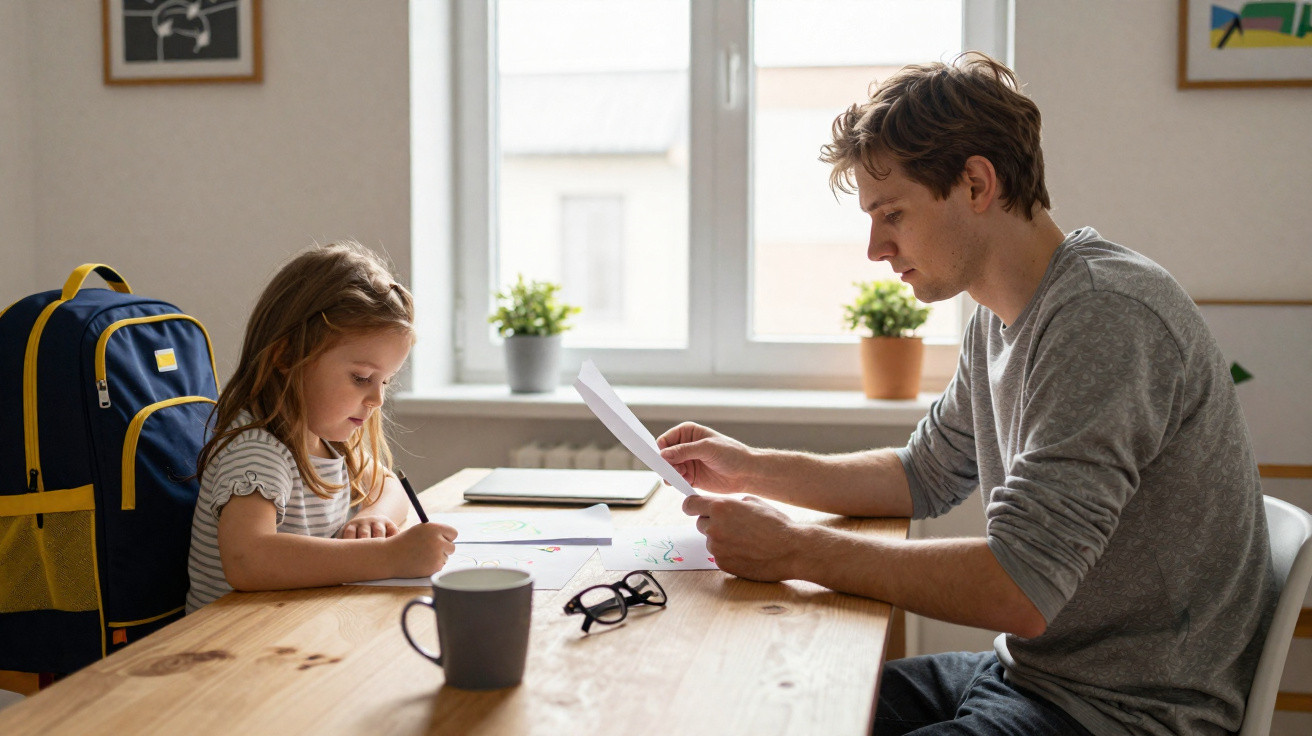 Pai e filha a fazerem atividades escolares juntos numa mesa em ambiente iluminado por luz natural.