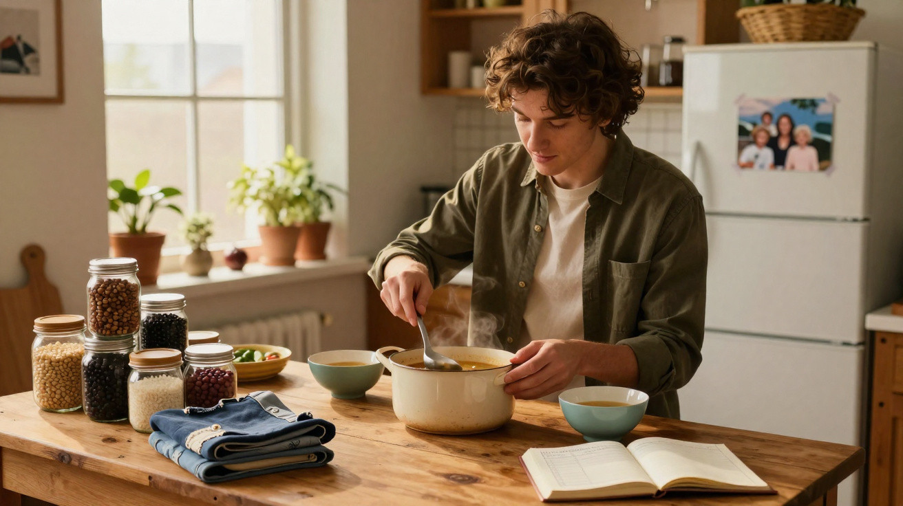 Pessoa jovem a mexer uma panela na cozinha iluminada, com frascos, plantas e livro aberto na mesa.