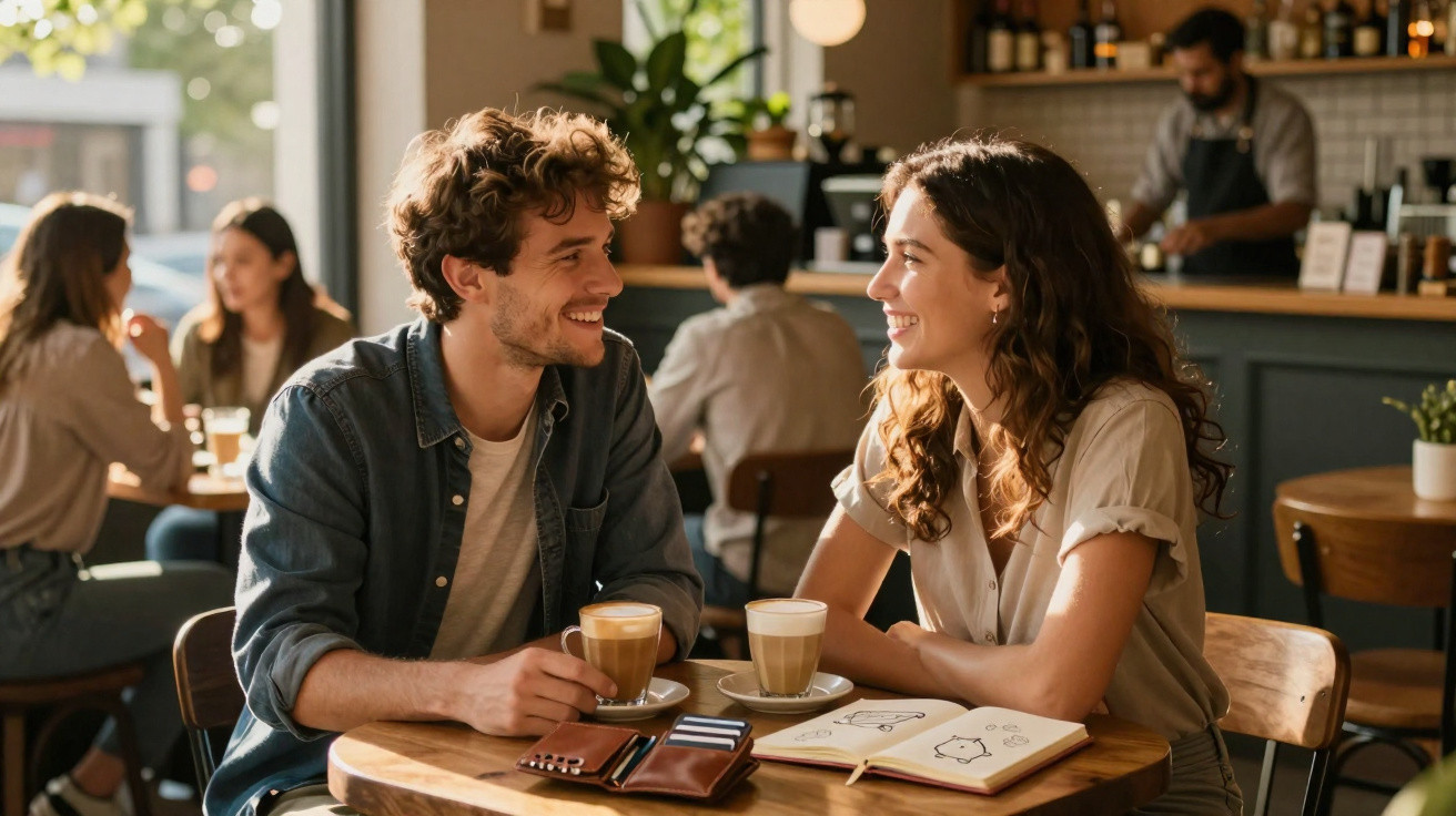 Casal jovem a conversar e sorrir numa mesa de café com canecas de café e caderno de desenhos.