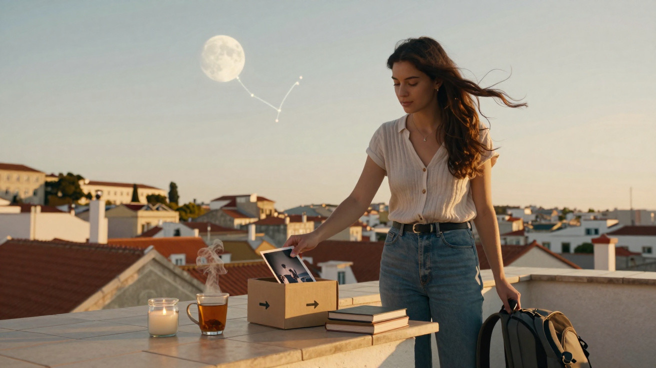 Mulher jovem numa varanda ao pôr do sol com caixa de fotografias, chá, vela e constelação visível no céu.