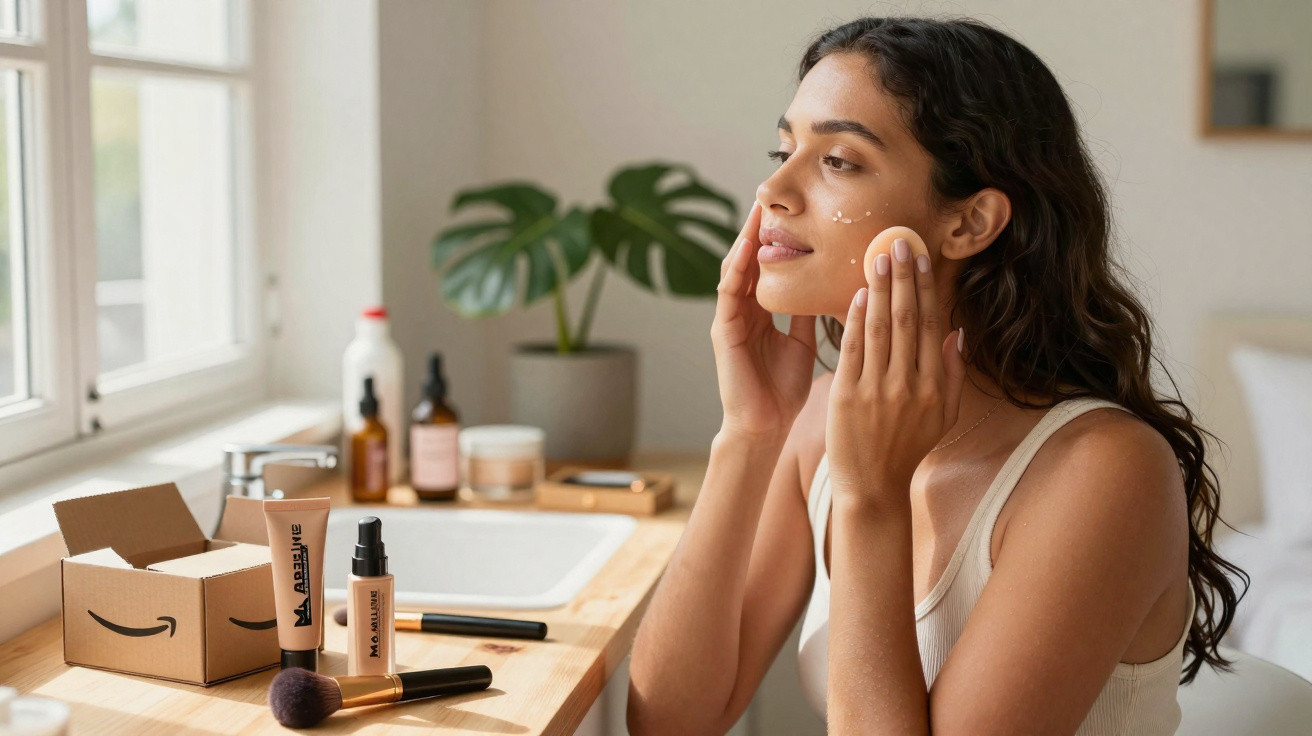 Mulher com pele morena aplica maquilhagem com esponja, sentada junto a mesa com produtos de maquilhagem.