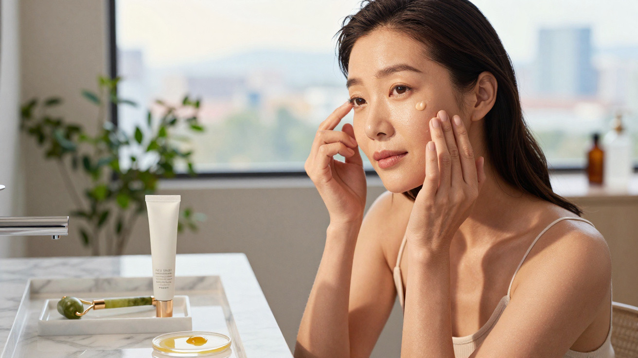 Mulher aplica creme no rosto junto a janela, com rolo de massagem e produtos de beleza na mesa.