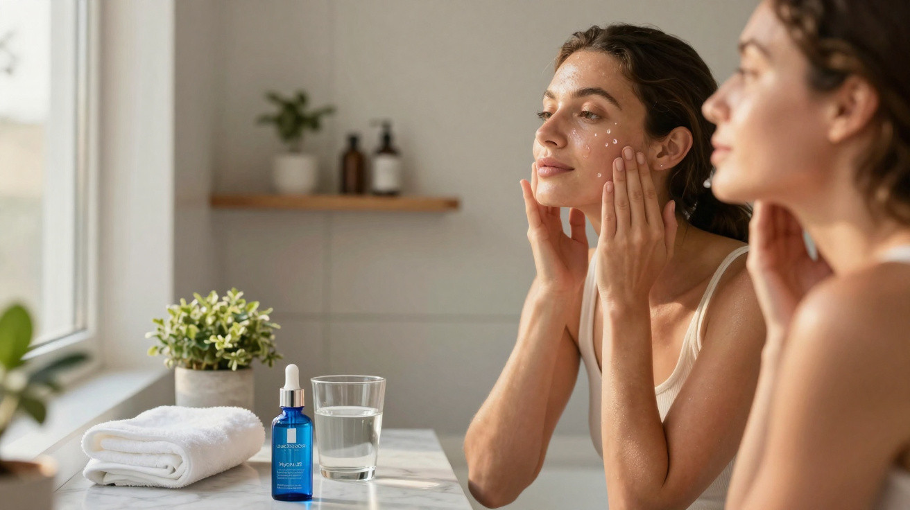 Mulher a aplicar creme facial em frente ao espelho numa casa de banho iluminada e arrumada.